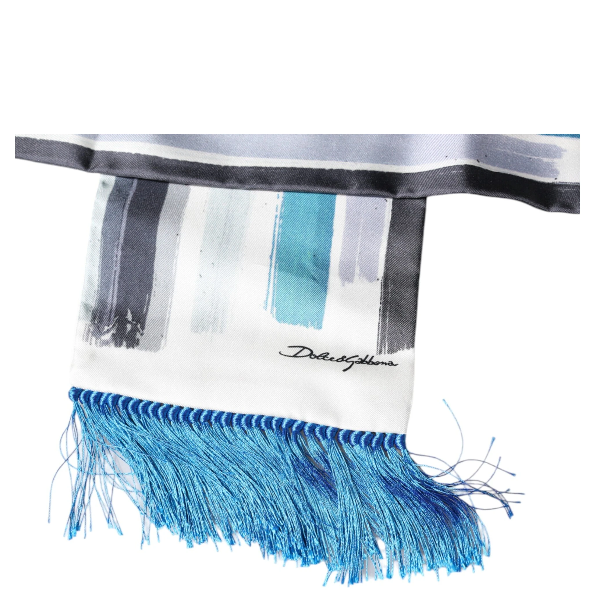 White Blue Stripes Silk Fringes Wrap Scarf