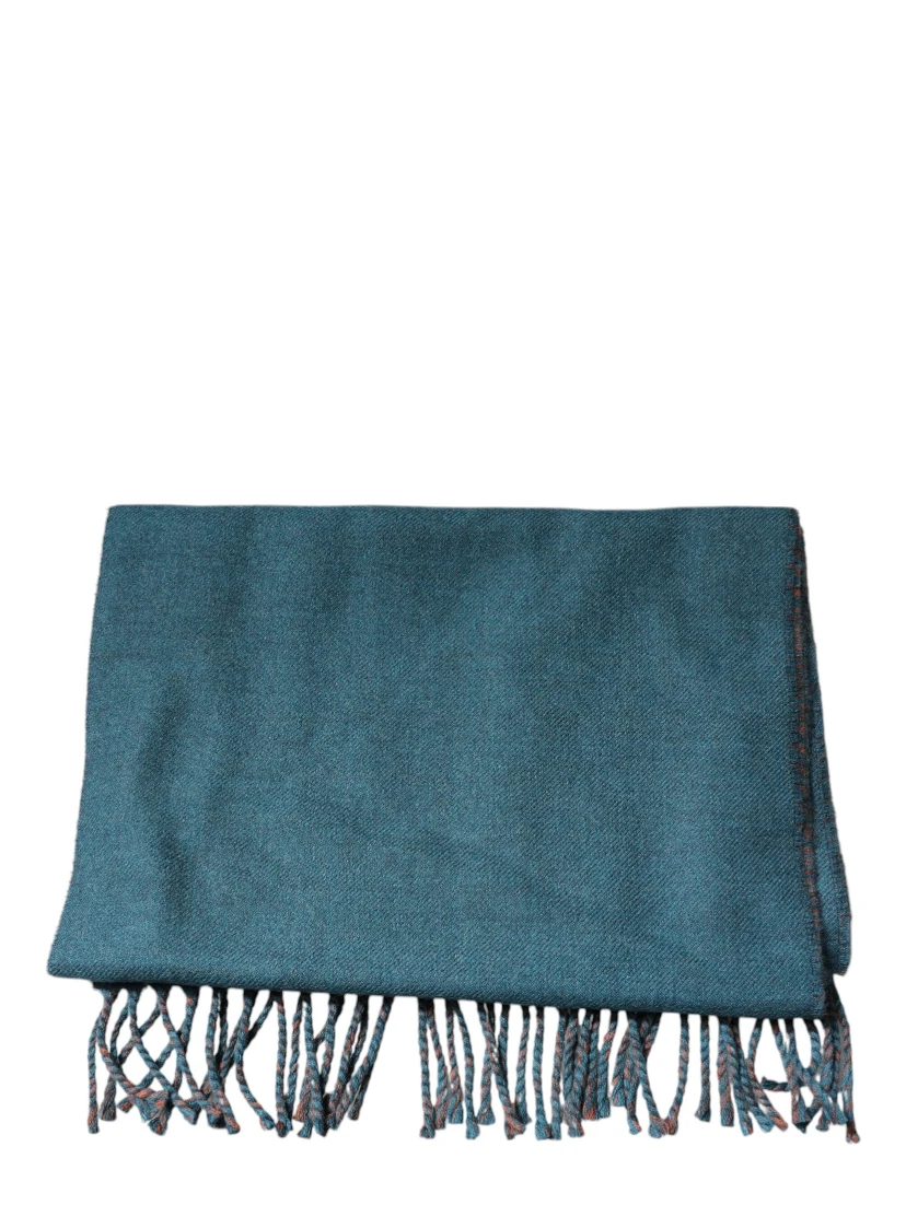 Blue Green Wool Fringes Wrap Shawl Scarf