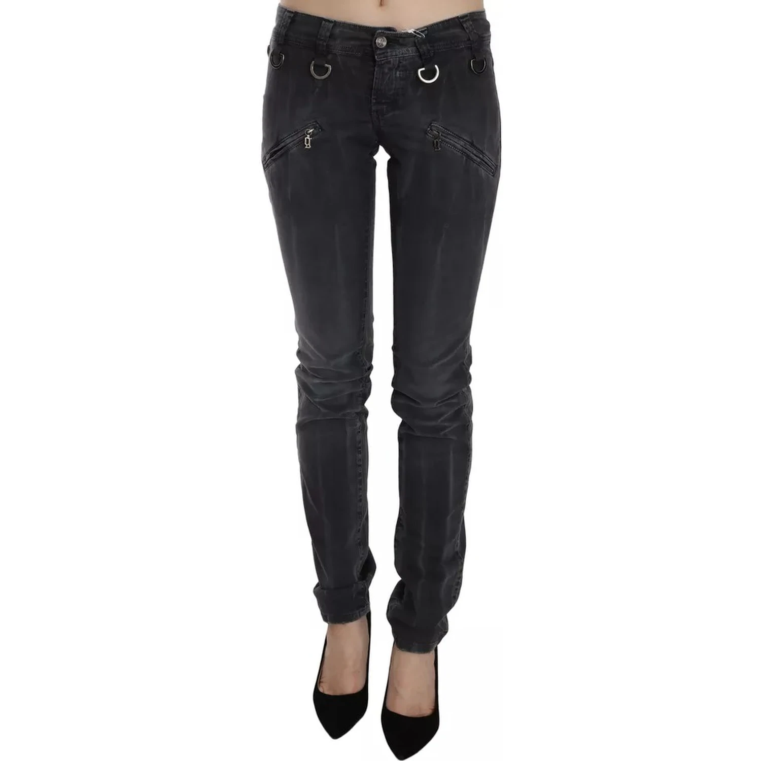 Grey Washed Low Waist Zipper Side Skinny Denim Jeans