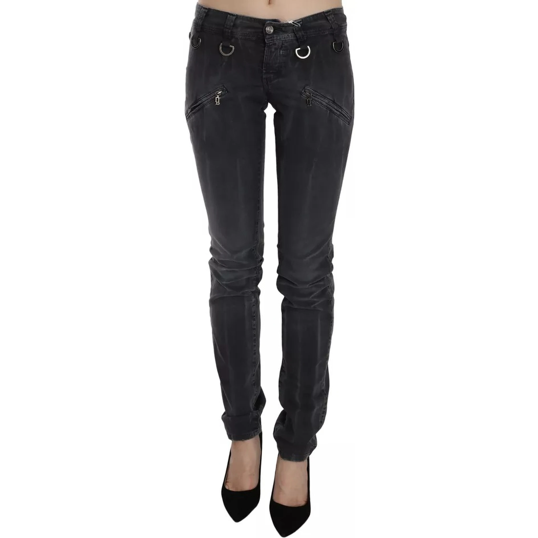 Grey Washed Low Waist Zipper Side Skinny Denim Jeans