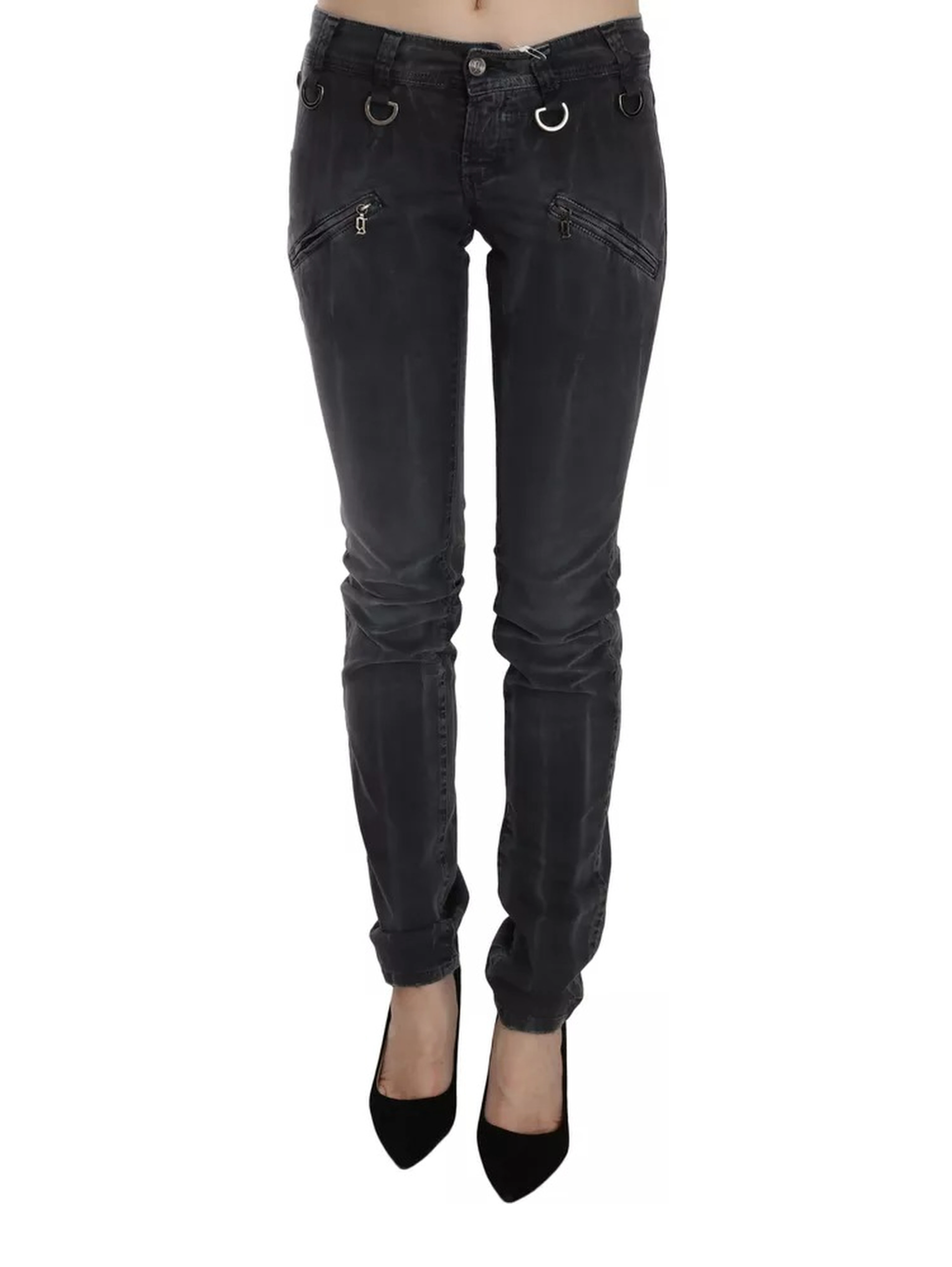 Grey Washed Low Waist Zipper Side Skinny Denim Jeans