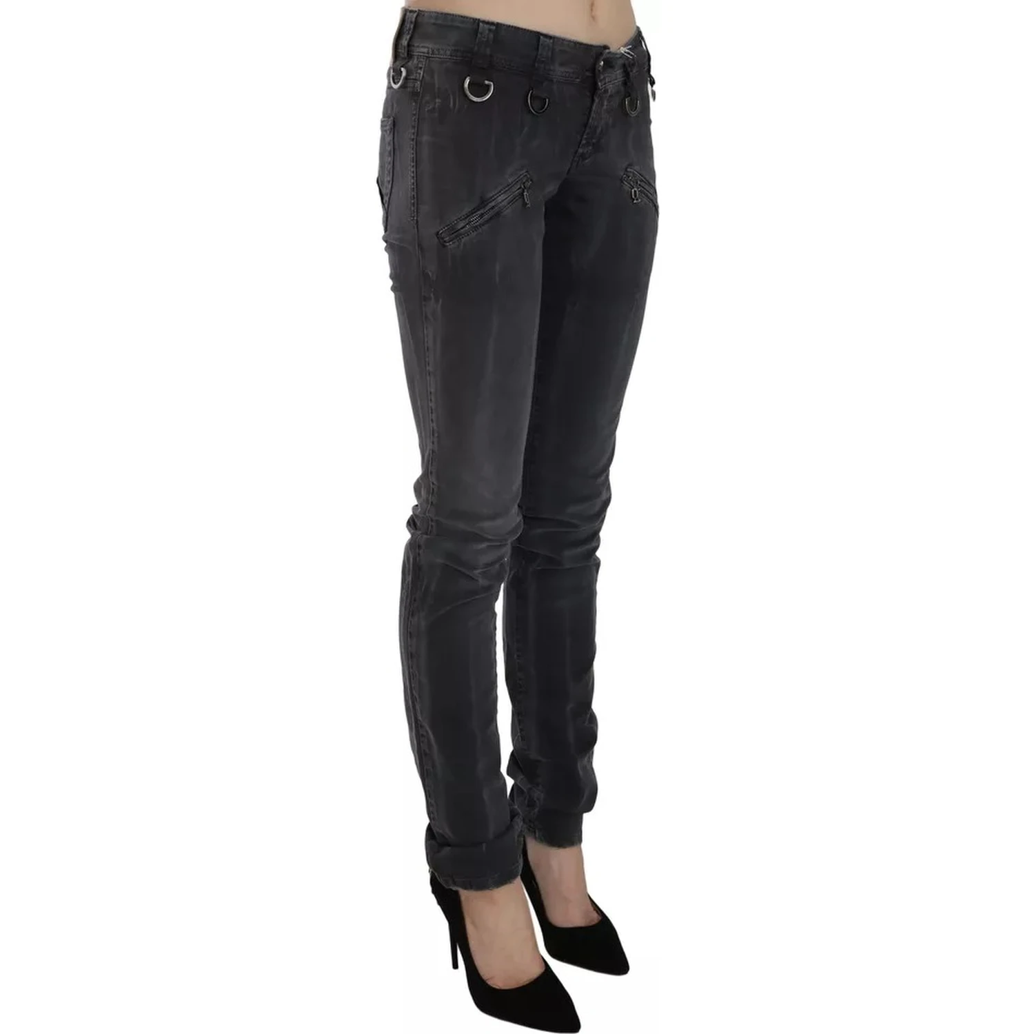 Grey Washed Low Waist Zipper Side Skinny Denim Jeans