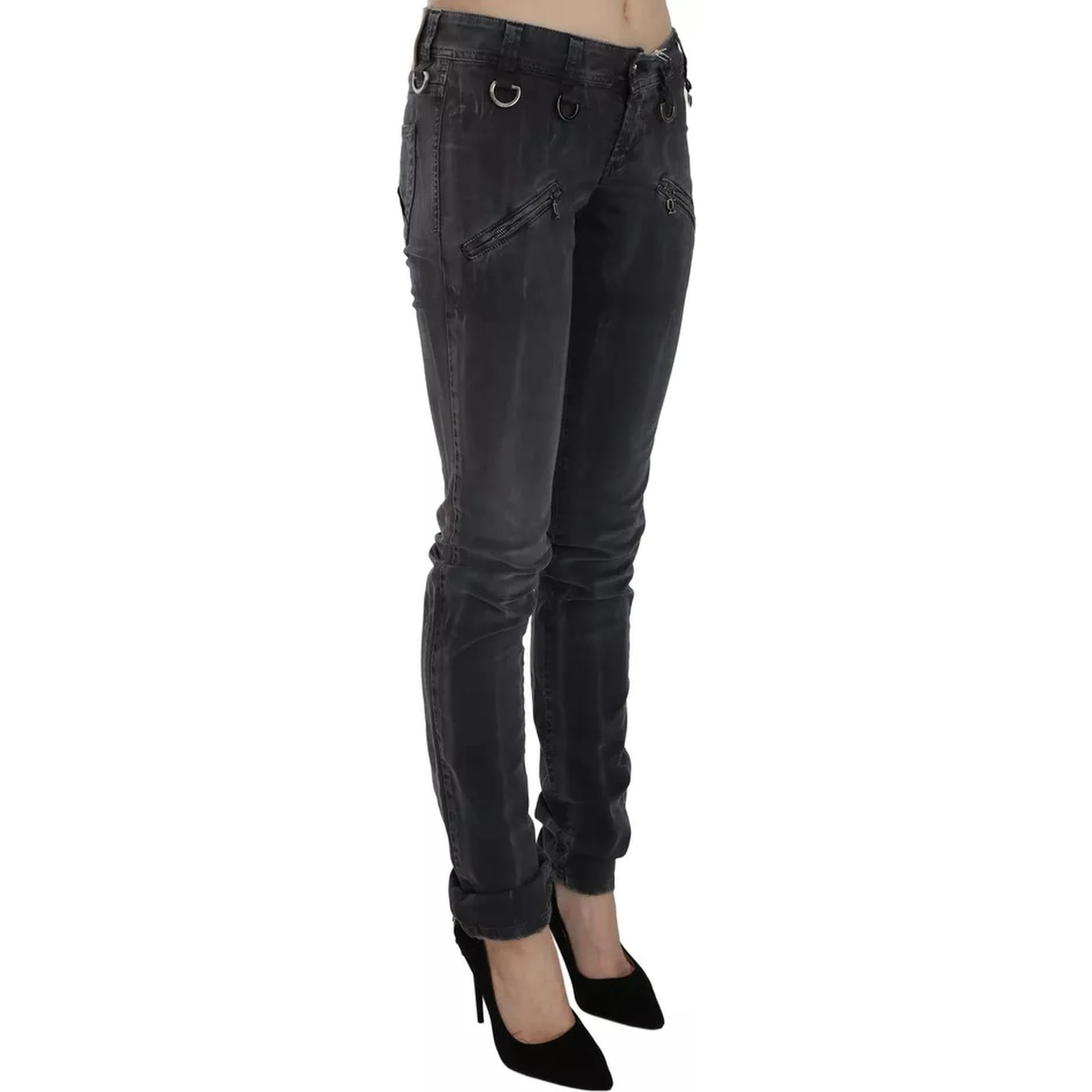 Grey Washed Low Waist Zipper Side Skinny Denim Jeans