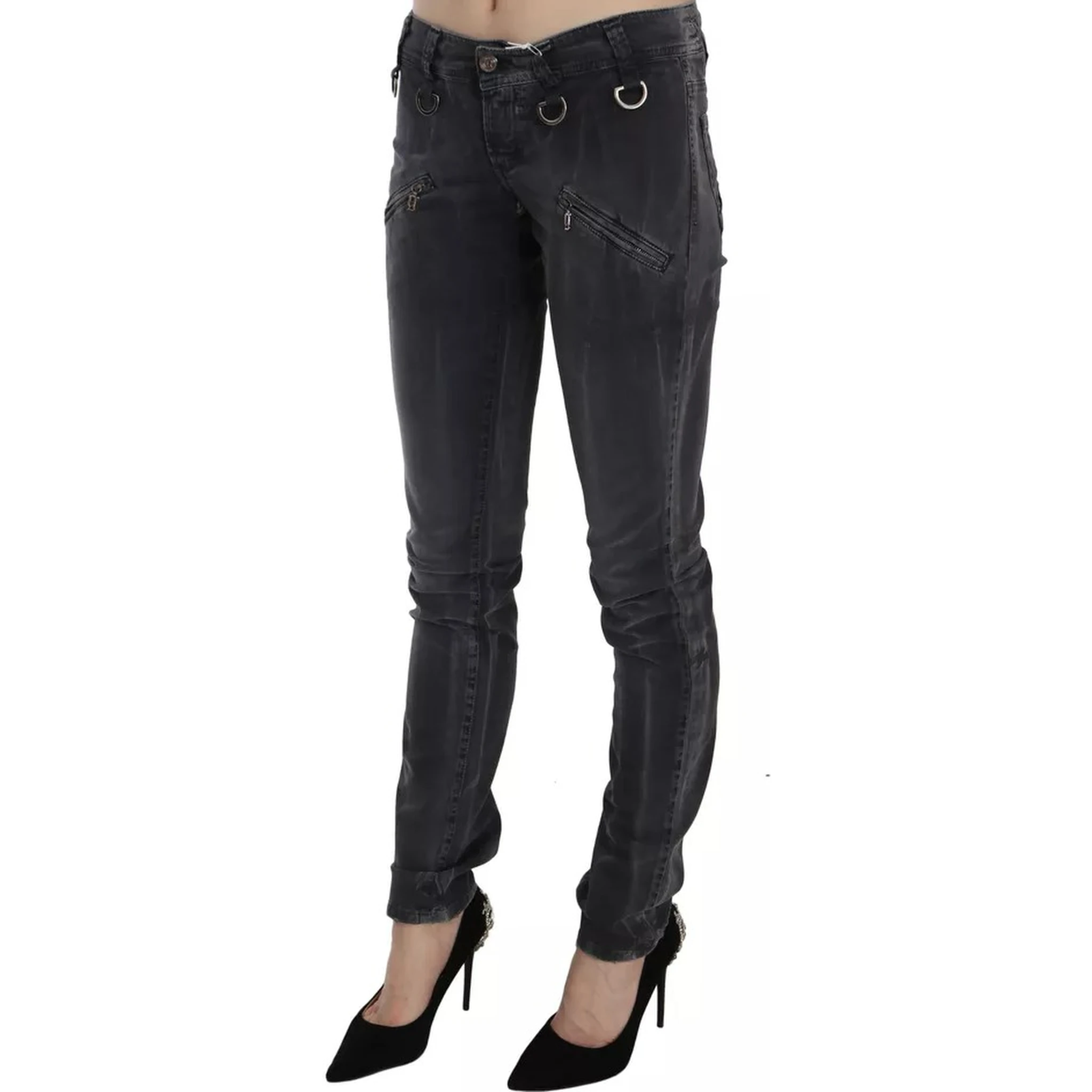 Grey Washed Low Waist Zipper Side Skinny Denim Jeans