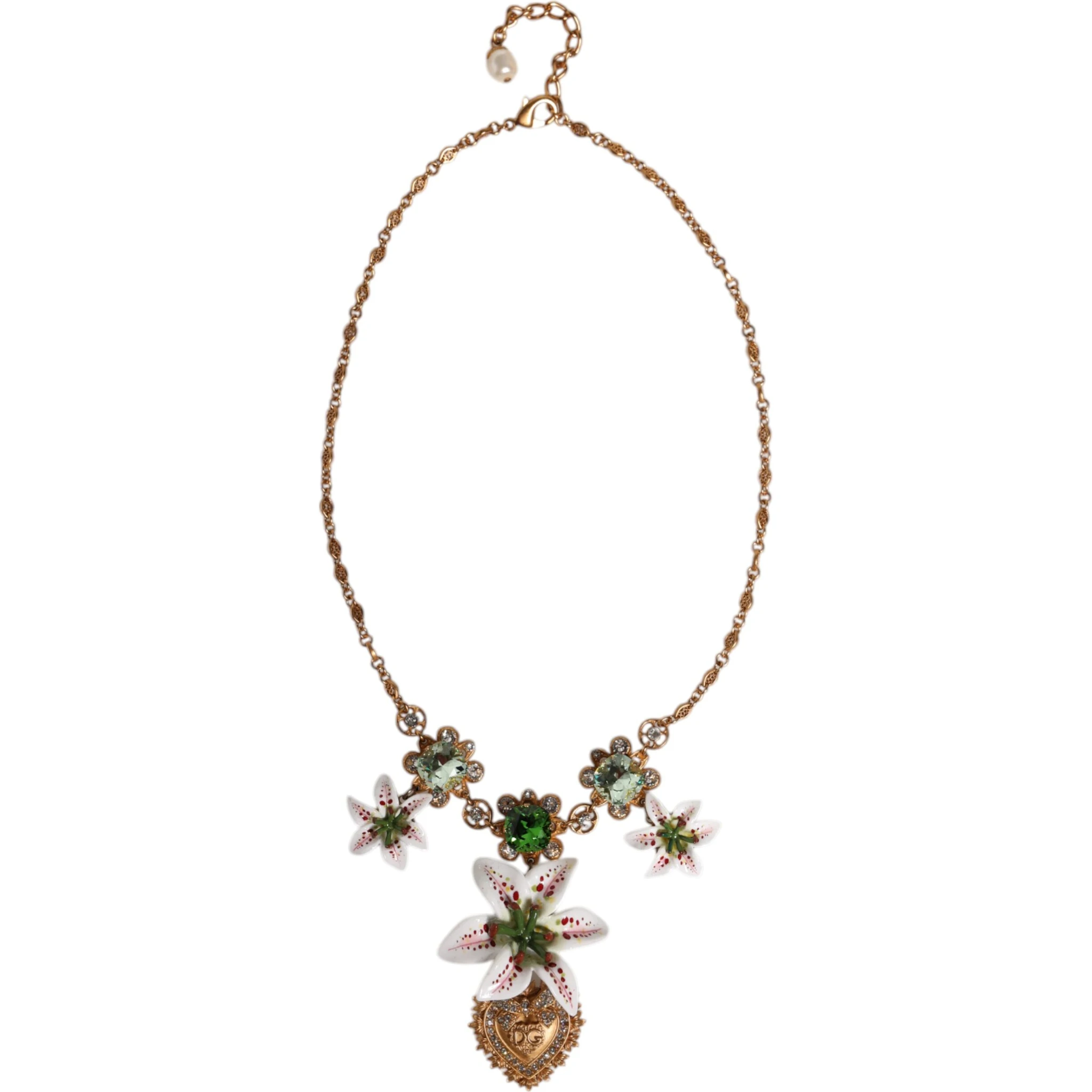 Gold Brass Lily Crystal Sacred Heart Pendant Necklace