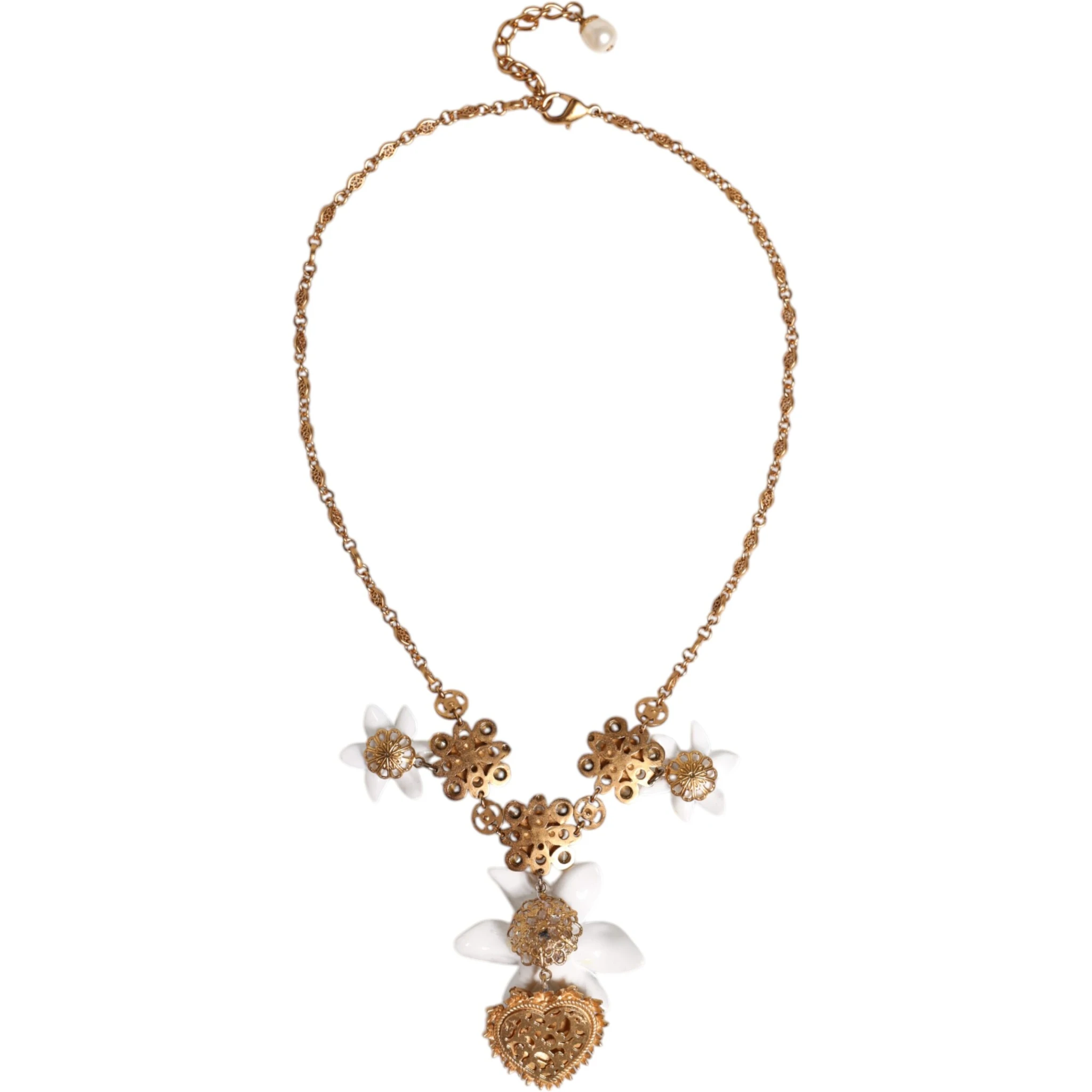 Gold Brass Lily Crystal Sacred Heart Pendant Necklace