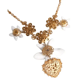 Gold Brass Lily Crystal Sacred Heart Pendant Necklace