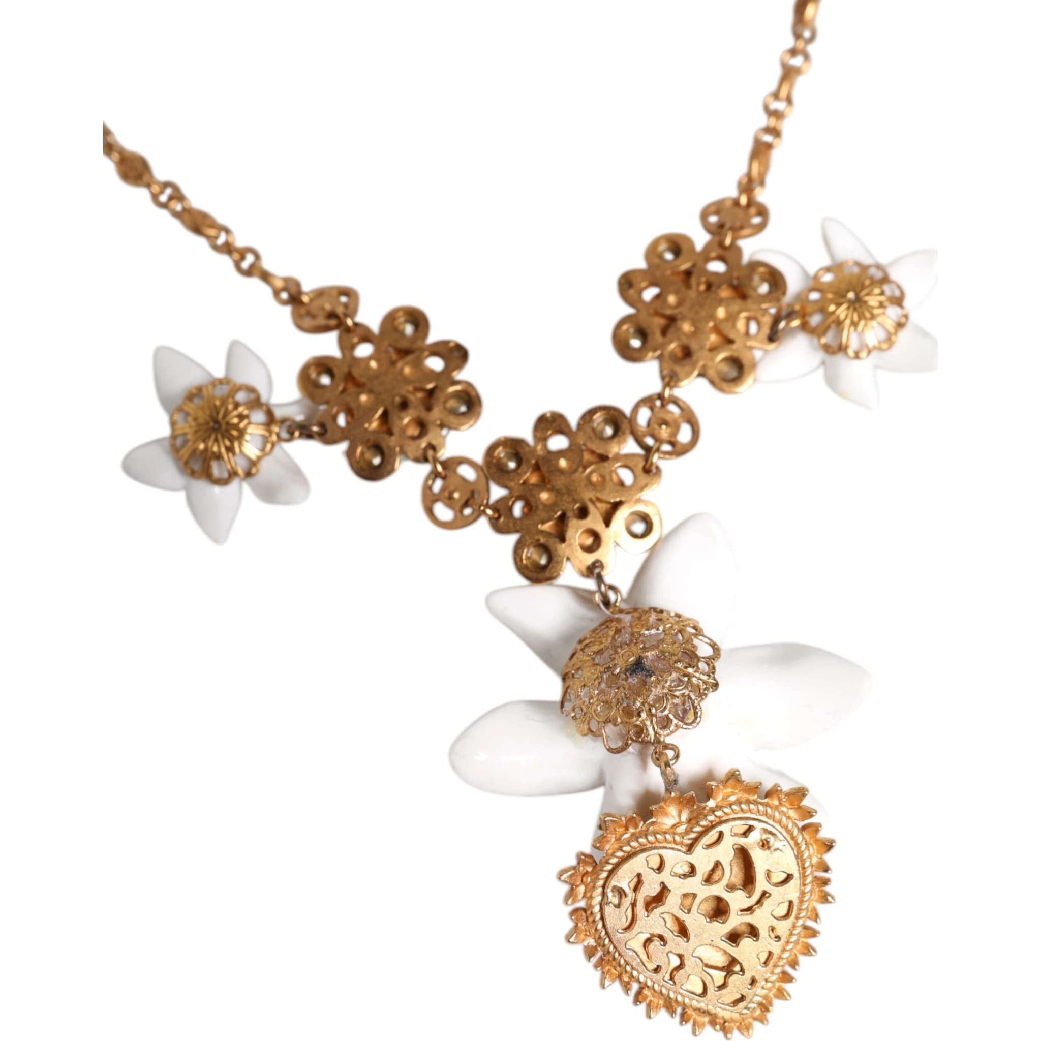 Gold Brass Lily Crystal Sacred Heart Pendant Necklace