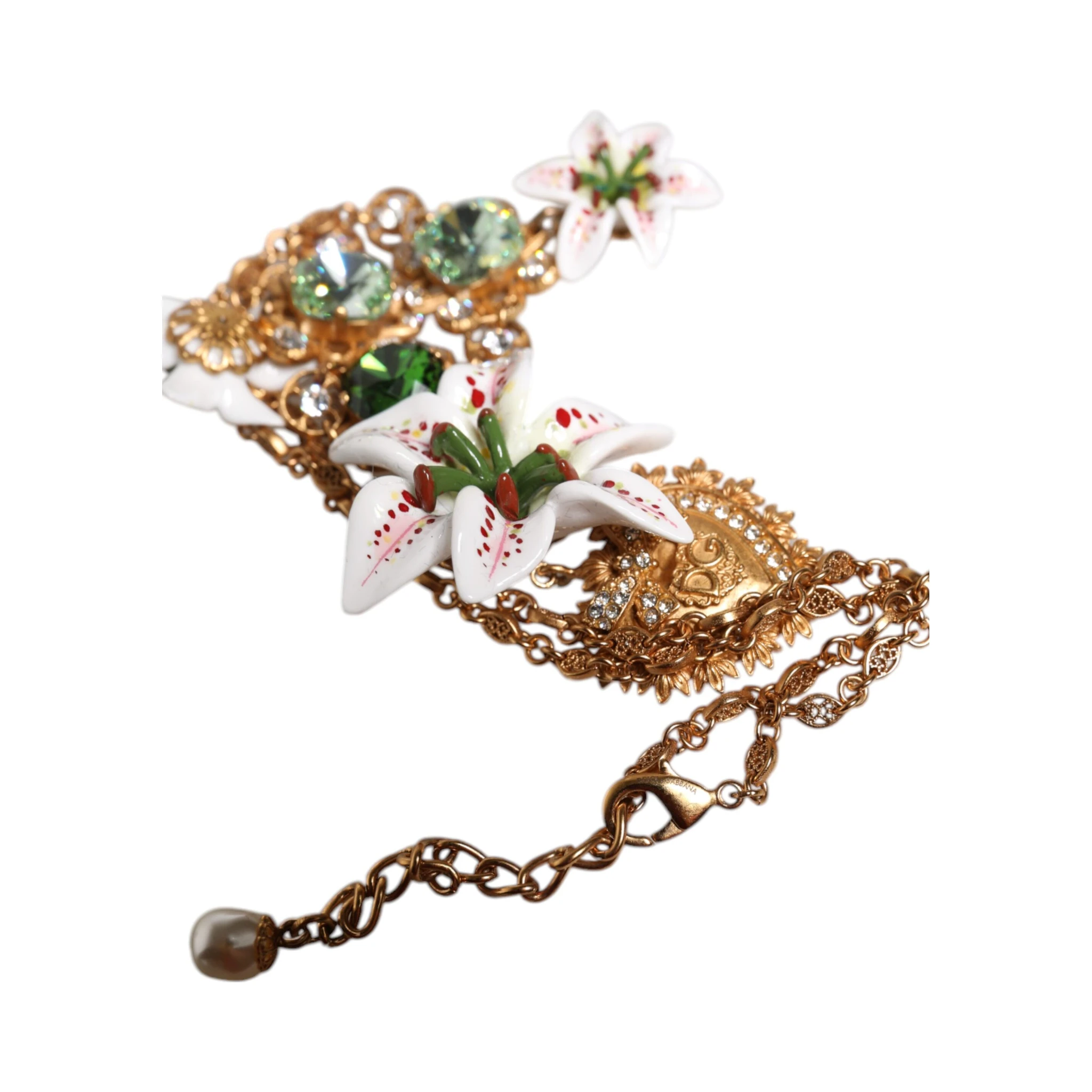 Gold Brass Lily Crystal Sacred Heart Pendant Necklace