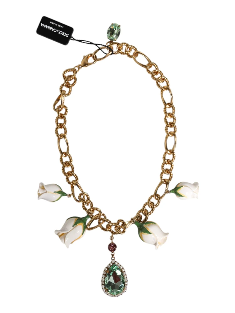 Gold Brass Short Chain Flower Crystal Pendant Necklace alternative