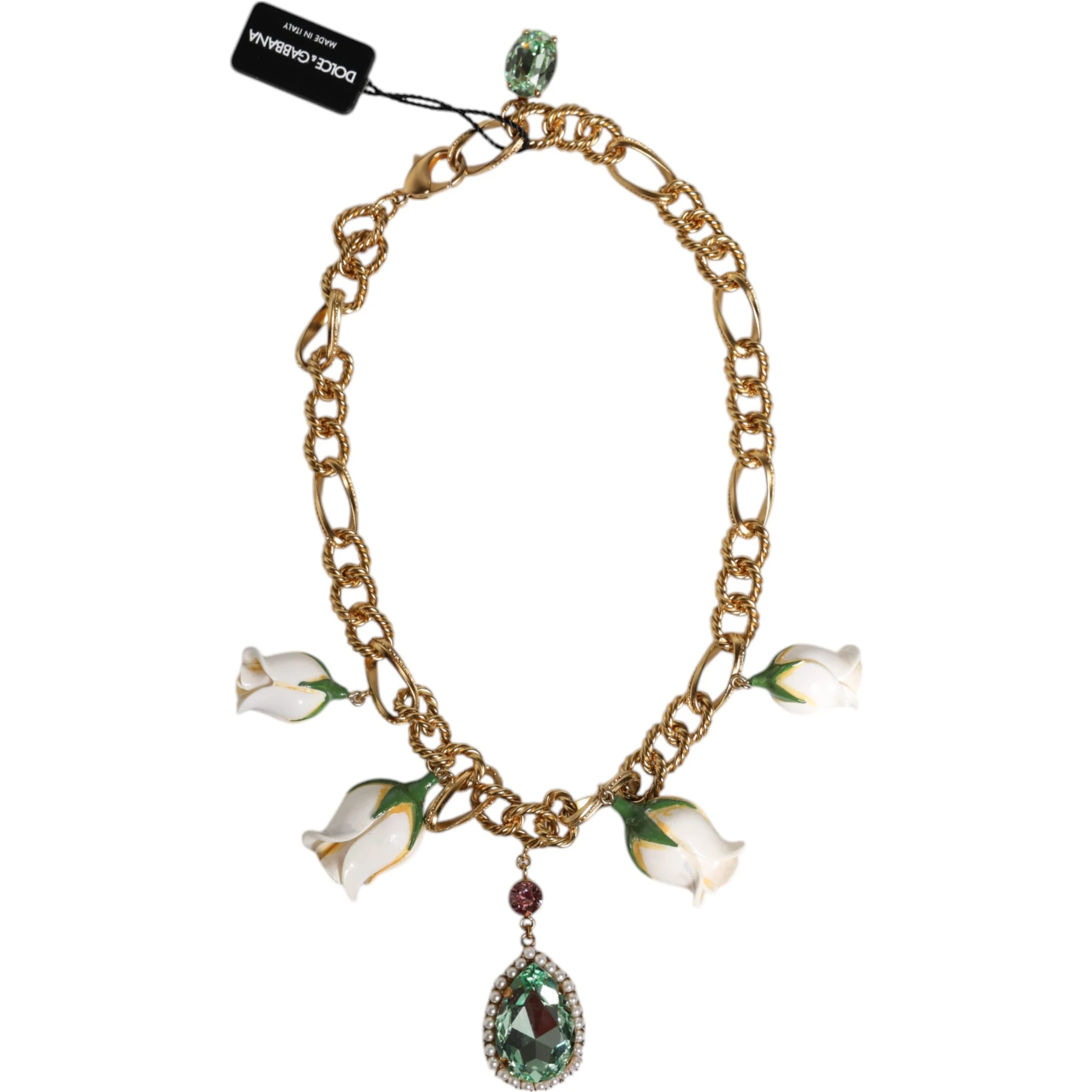 Gold Brass Short Chain Flower Crystal Pendant Necklace