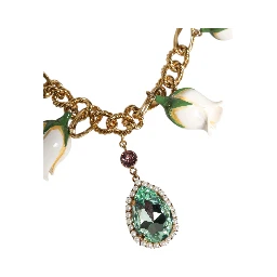 Gold Brass Short Chain Flower Crystal Pendant Necklace