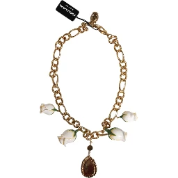 Gold Brass Short Chain Flower Crystal Pendant Necklace