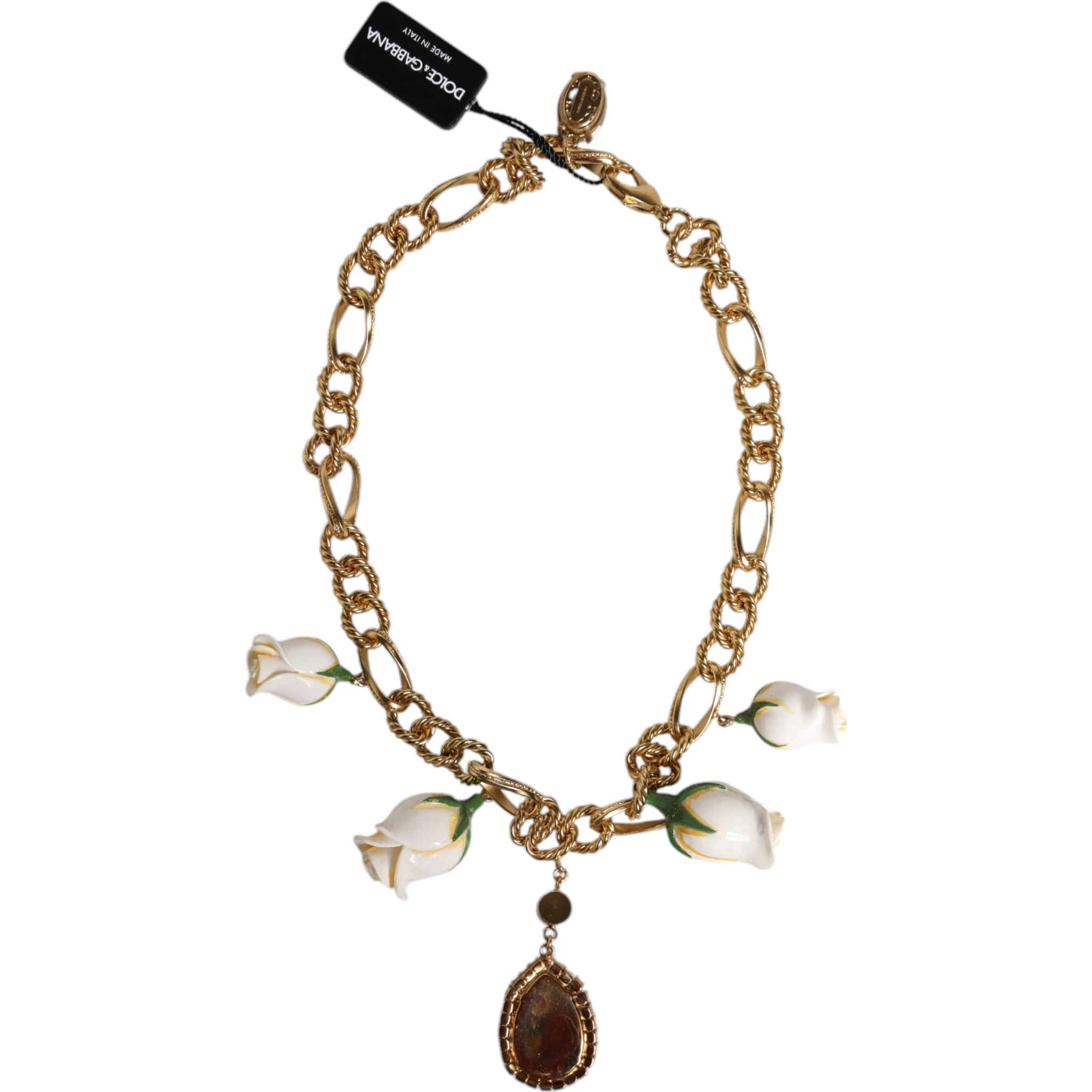 Gold Brass Short Chain Flower Crystal Pendant Necklace