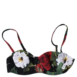 Black Floral Print Nylon Balconcino Bra Underwear