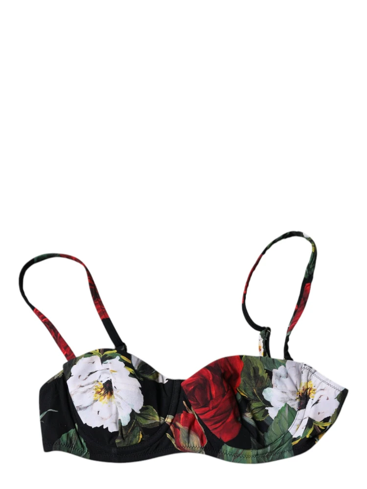 Black Floral Print Nylon Balconcino Bra Underwear