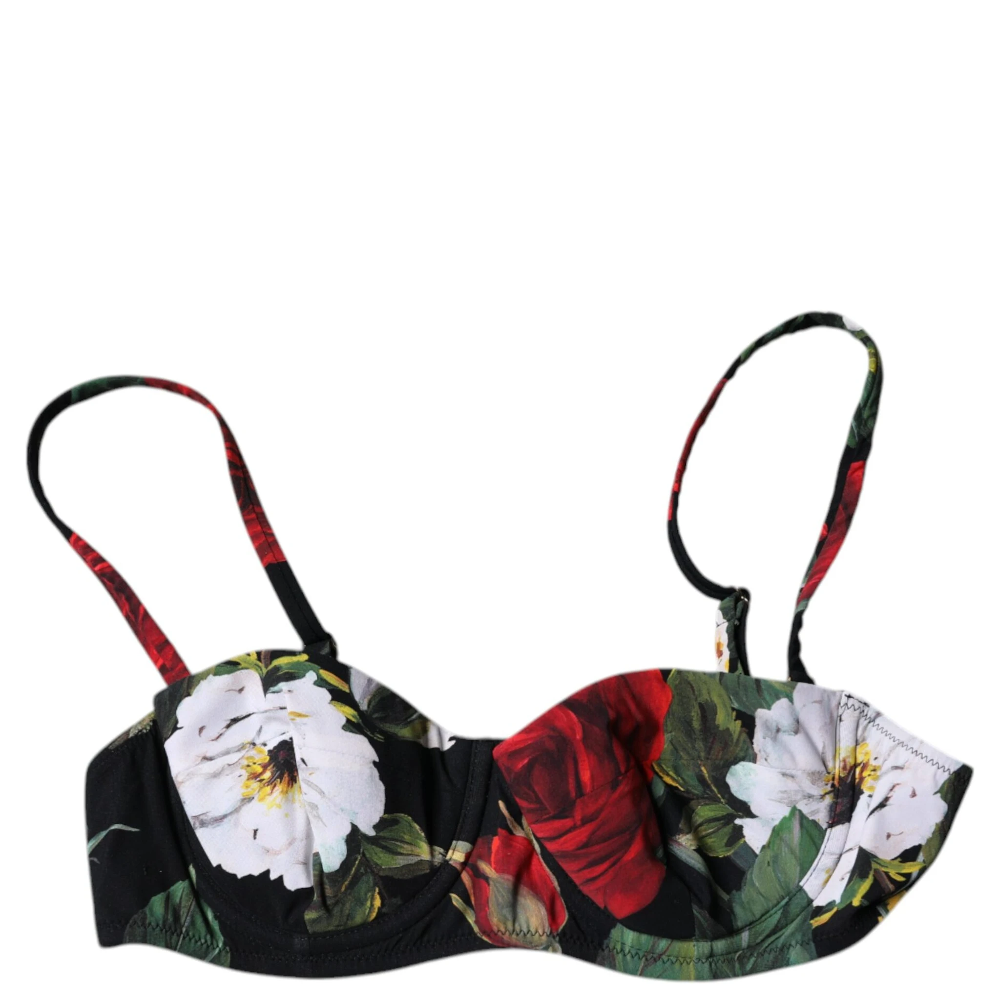 Black Floral Print Nylon Balconcino Bra Underwear
