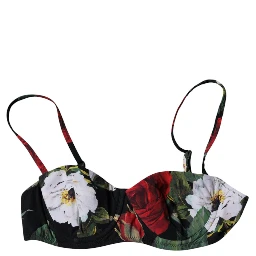 Black Floral Print Nylon Balconcino Bra Underwear