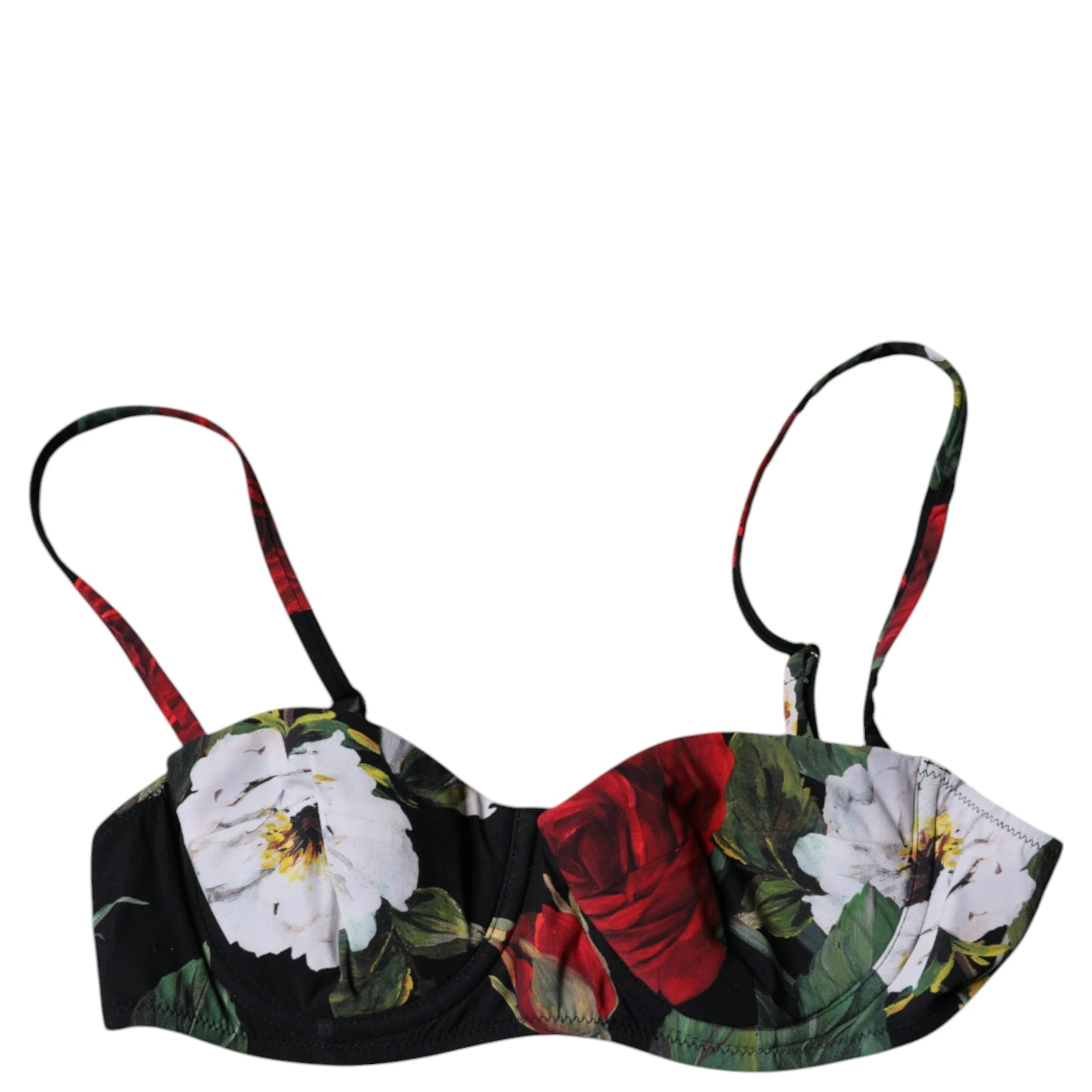 Black Floral Print Nylon Balconcino Bra Underwear