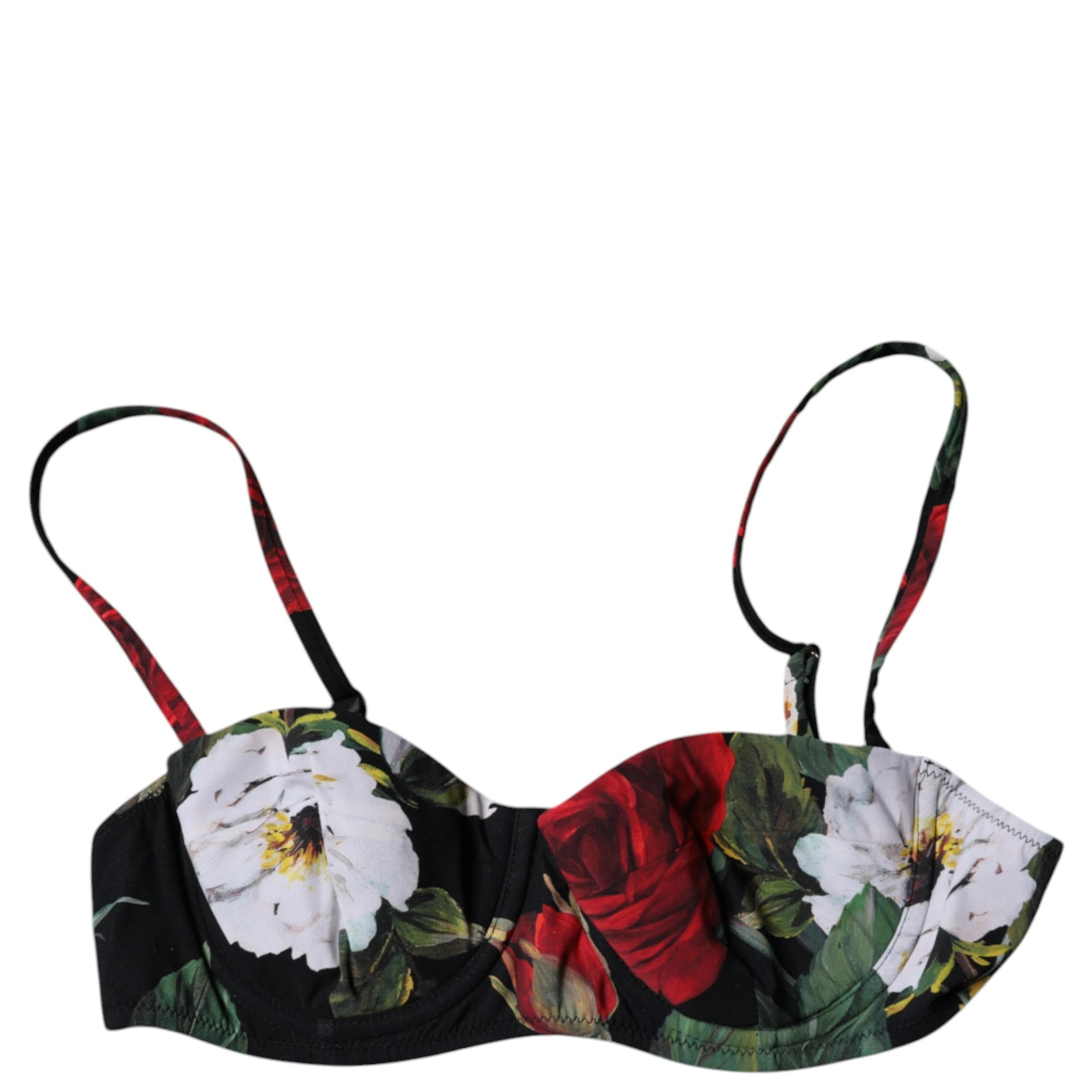Black Floral Print Nylon Balconcino Bra Underwear