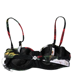 Black Floral Print Nylon Balconcino Bra Underwear