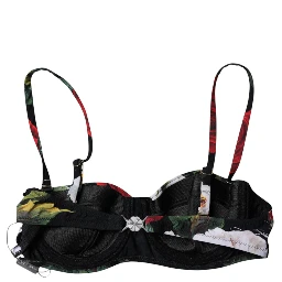 Black Floral Print Nylon Balconcino Bra Underwear
