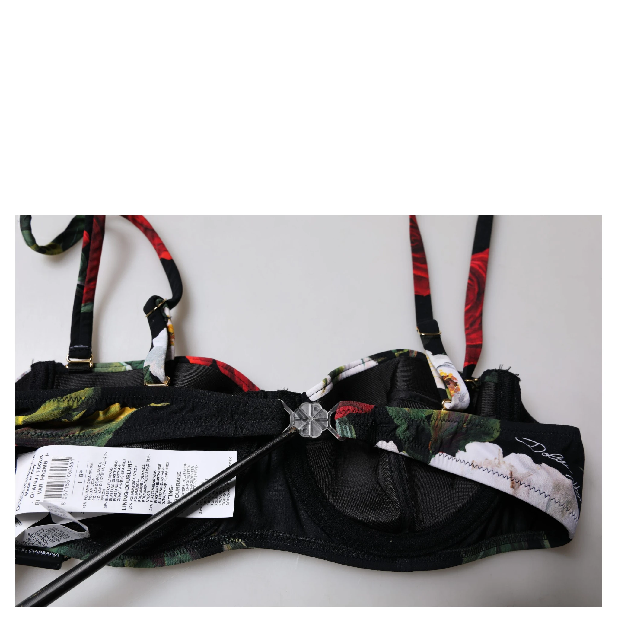 Black Floral Print Nylon Balconcino Bra Underwear