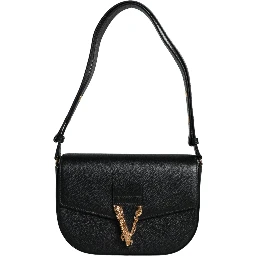 Black Grainy Calf Leather Logo Crossbody Shoulder Bag