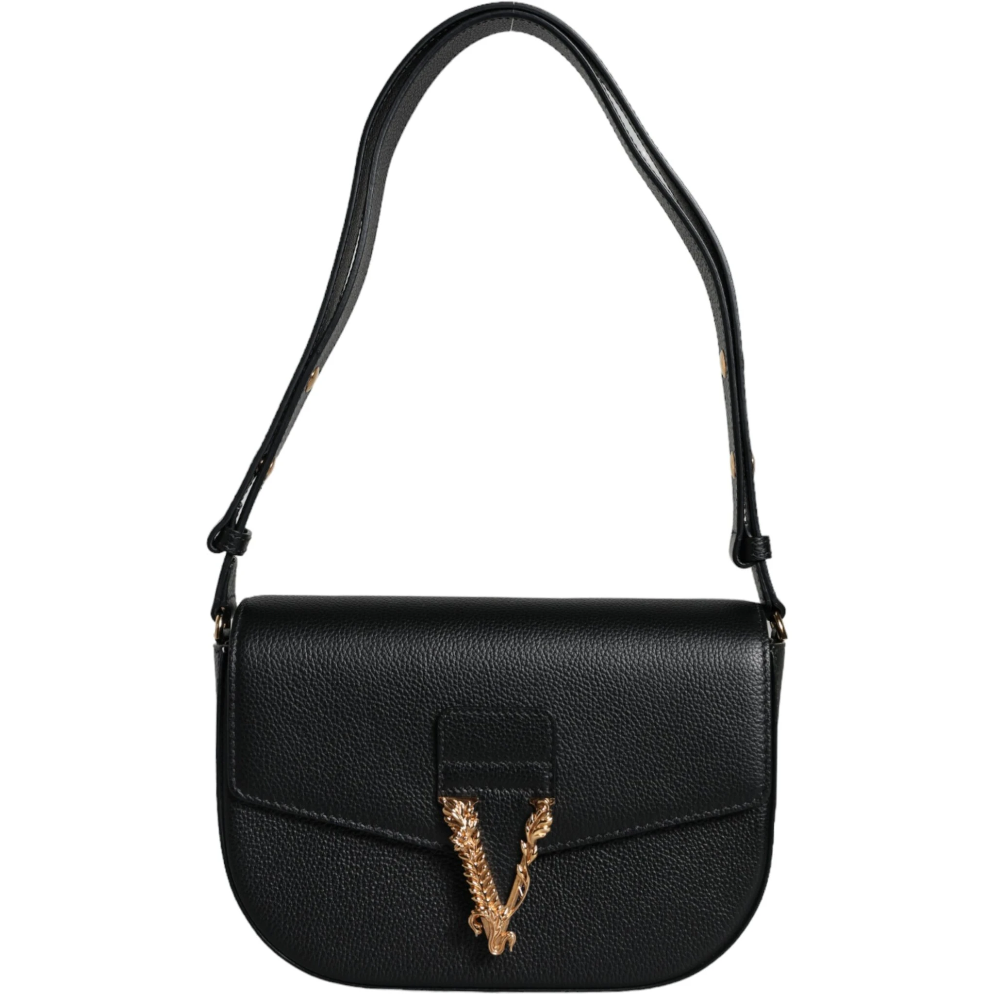 Black Grainy Calf Leather Logo Crossbody Shoulder Bag