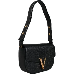 Black Grainy Calf Leather Logo Crossbody Shoulder Bag