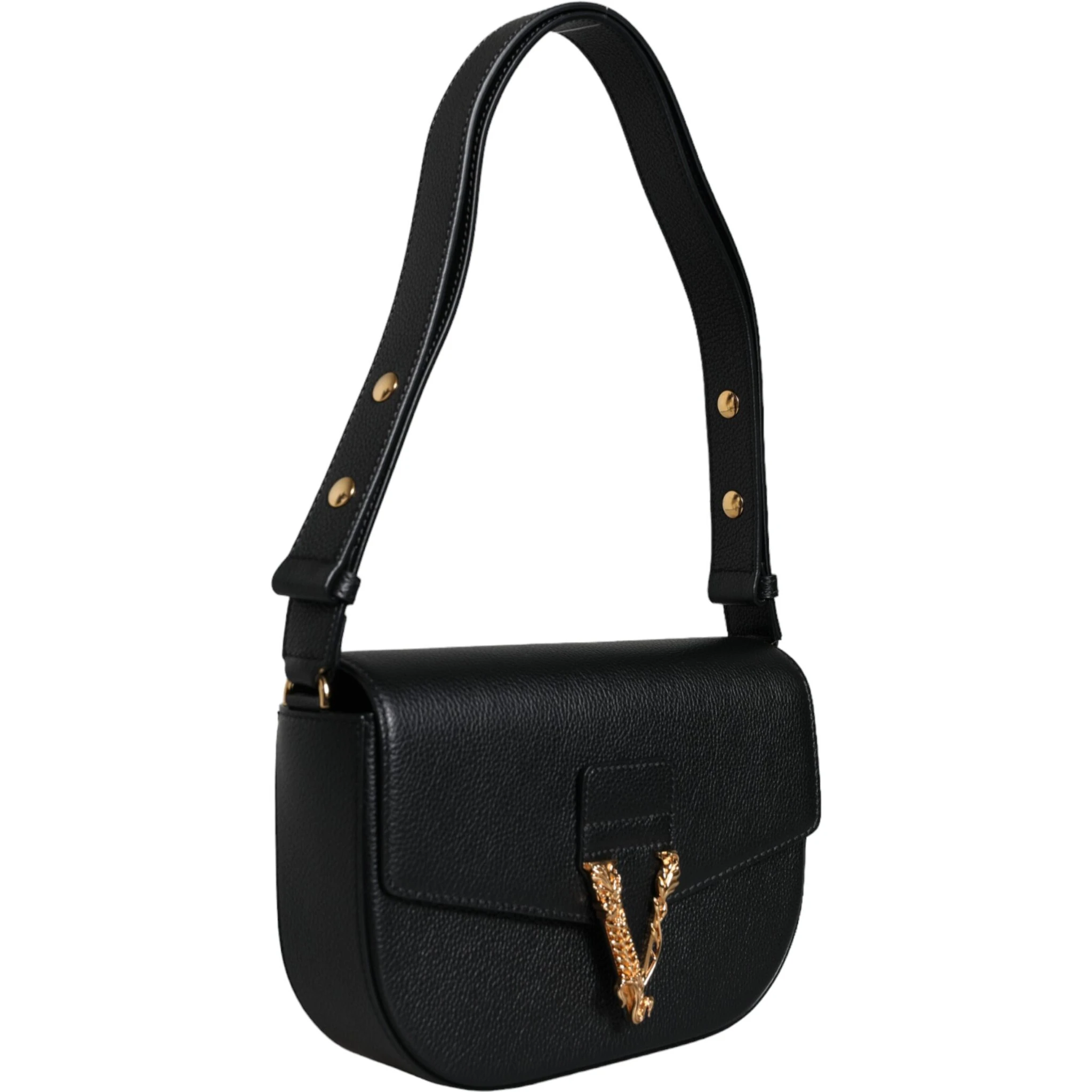 Black Grainy Calf Leather Logo Crossbody Shoulder Bag