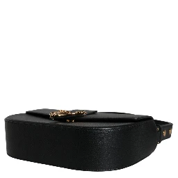 Black Grainy Calf Leather Logo Crossbody Shoulder Bag