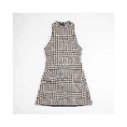 Sleeveless High Neckline Checkered A-line Dress In Bianco