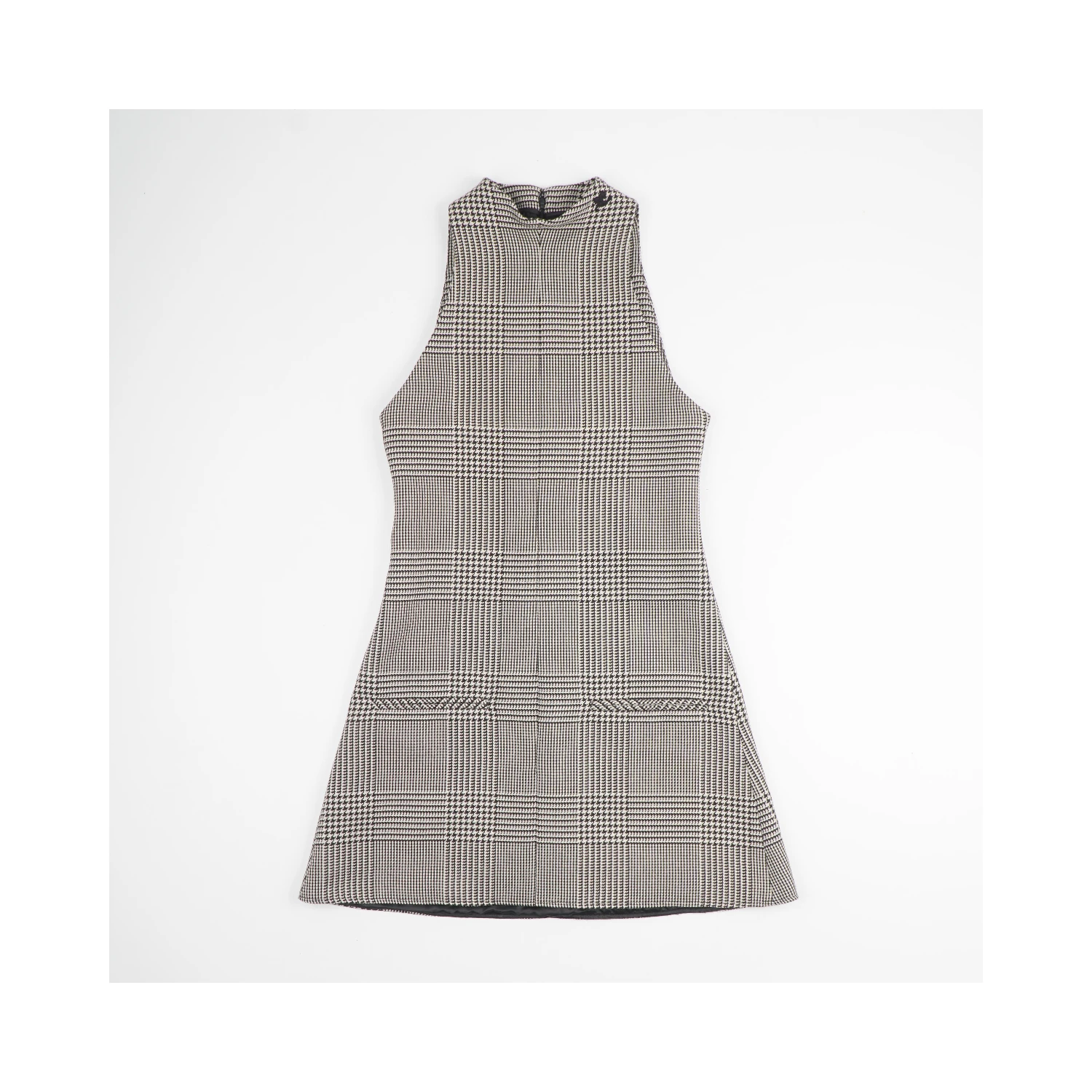 Sleeveless High Neckline Checkered A-line Dress In Bianco
