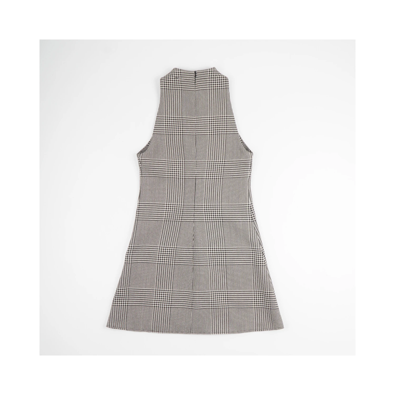Sleeveless High Neckline Checkered A-line Dress In Bianco
