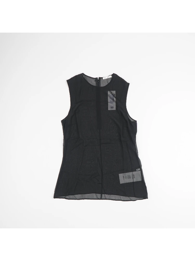 Leather Trim Sleeveless Top With Round Neck In Black