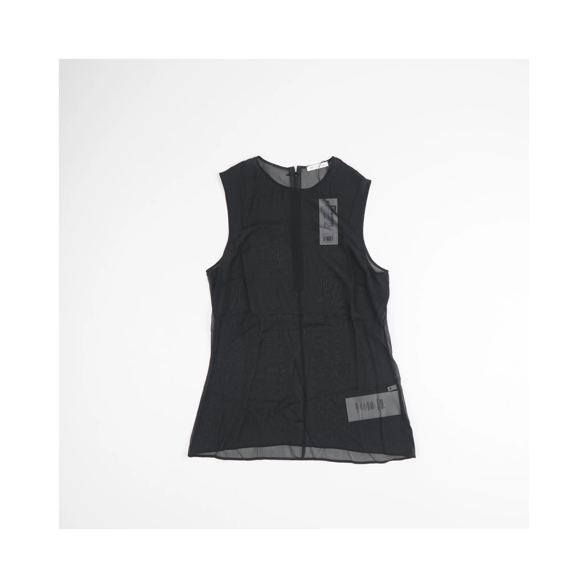 Leather Trim Sleeveless Top With Round Neck In Black