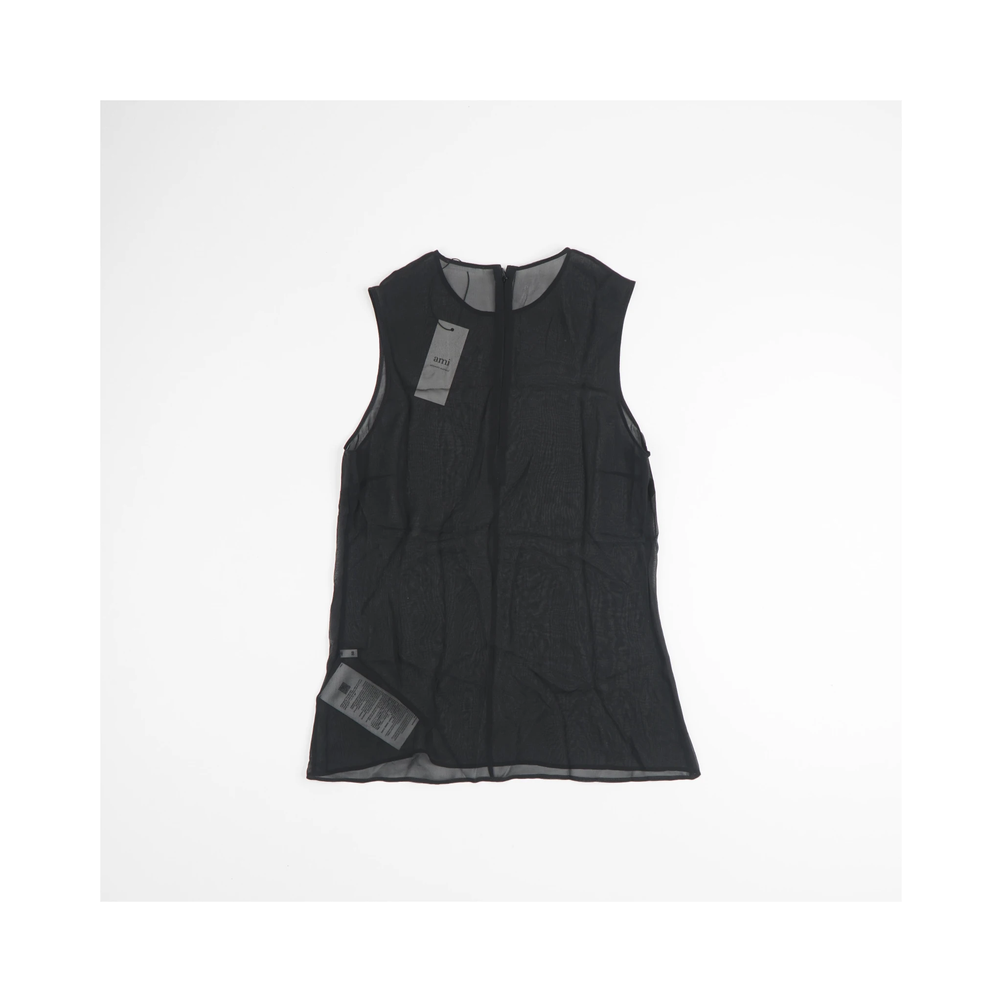 Leather Trim Sleeveless Top With Round Neck In Black