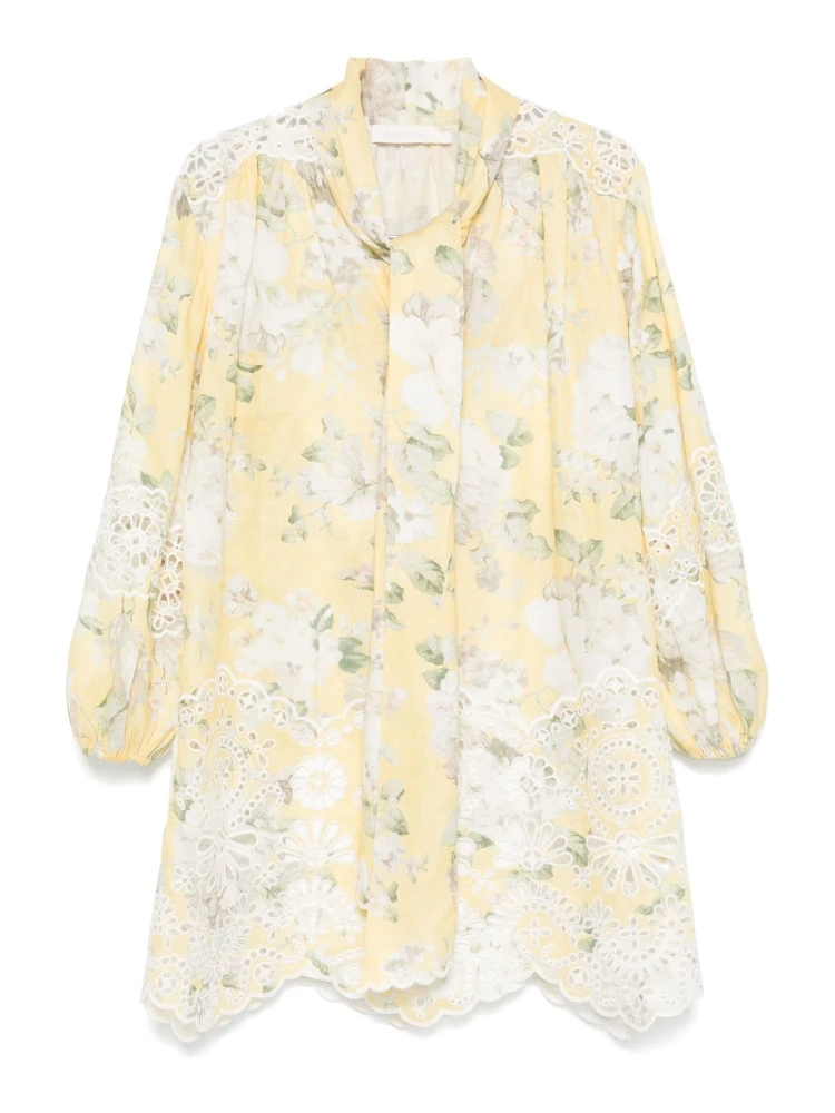 Delicate Floral Playsuit With Removable Belt And Ruffled Edges In Neutrals