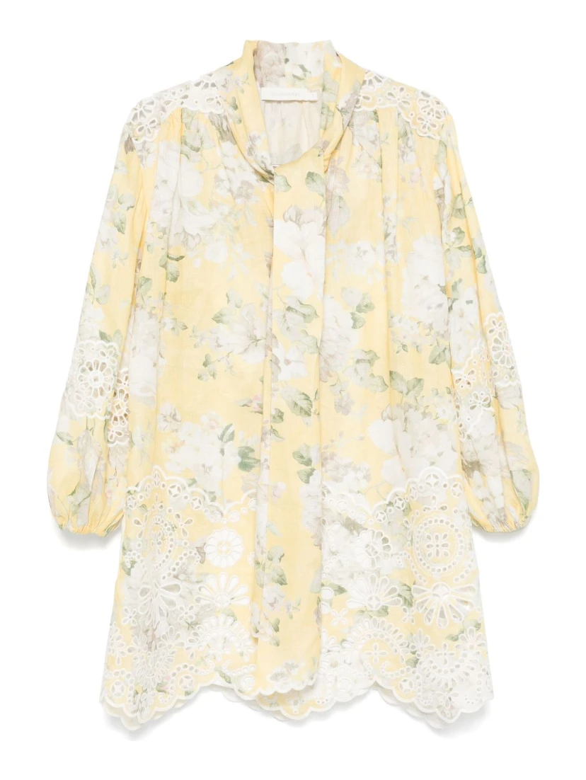 Delicate Floral Playsuit With Removable Belt And Ruffled Edges In Neutrals