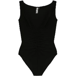 Tara Black Top With V-neck And Ruffle Details In Tech Fabric Woman