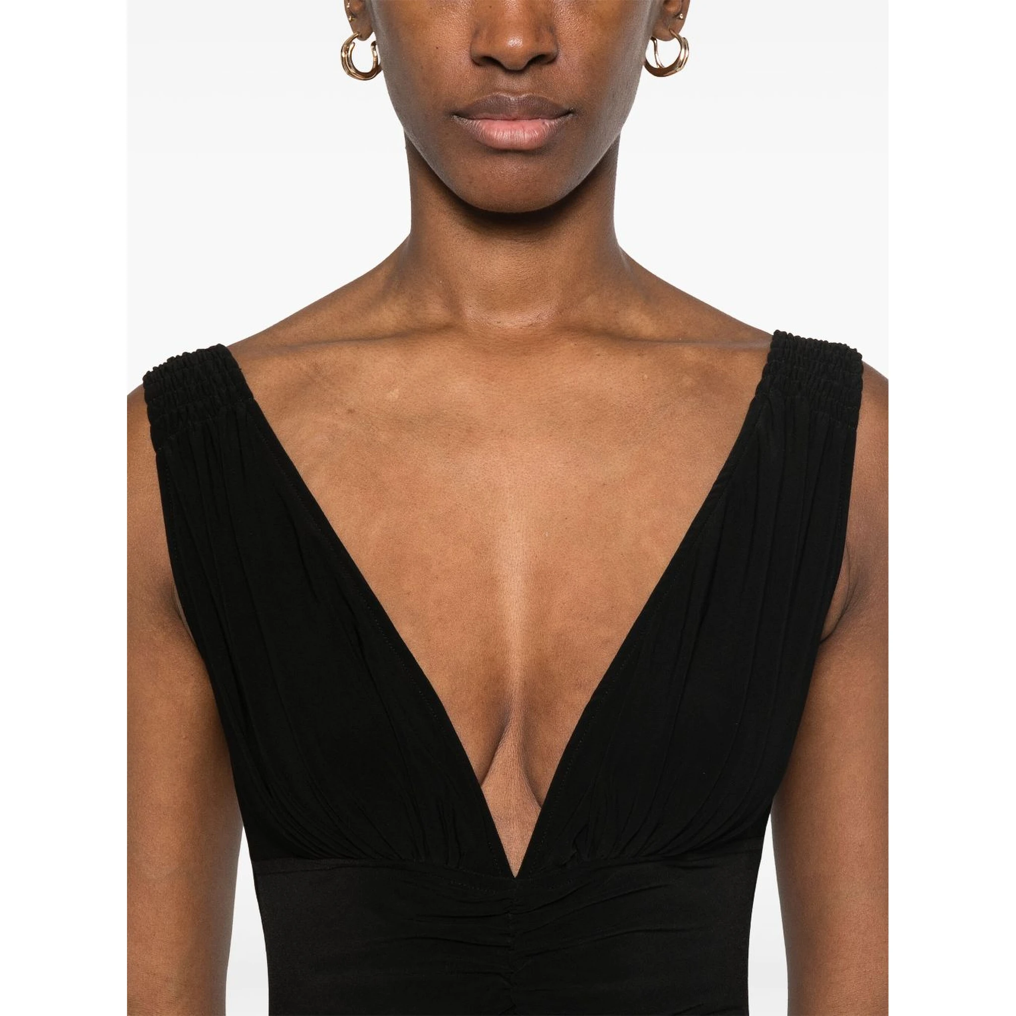 Tara Black Top With V-neck And Ruffle Details In Tech Fabric Woman