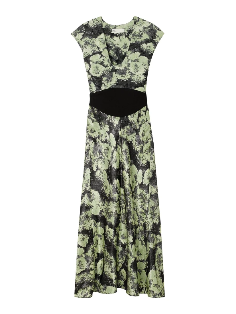 Floral Pattern Midi Dress With Cap Sleeves In Green