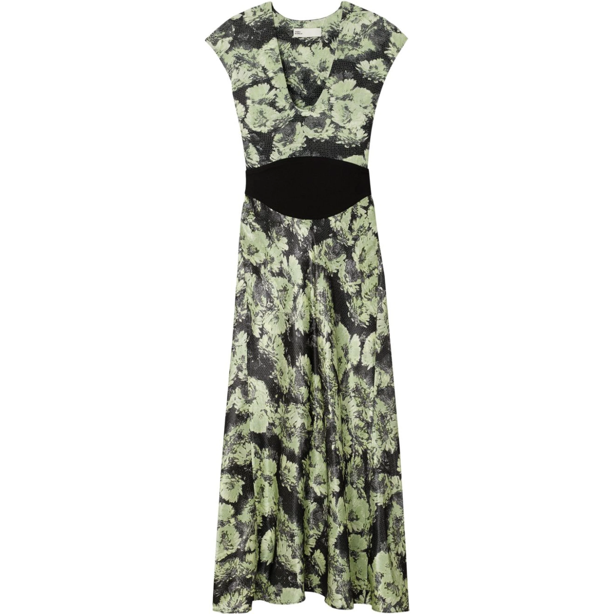 Floral Pattern Midi Dress With Cap Sleeves In Green
