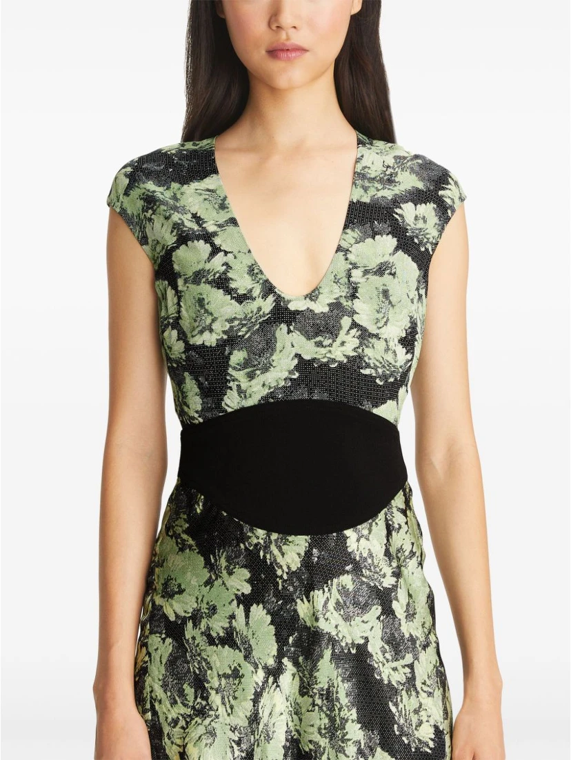 Floral Pattern Midi Dress With Cap Sleeves In Green