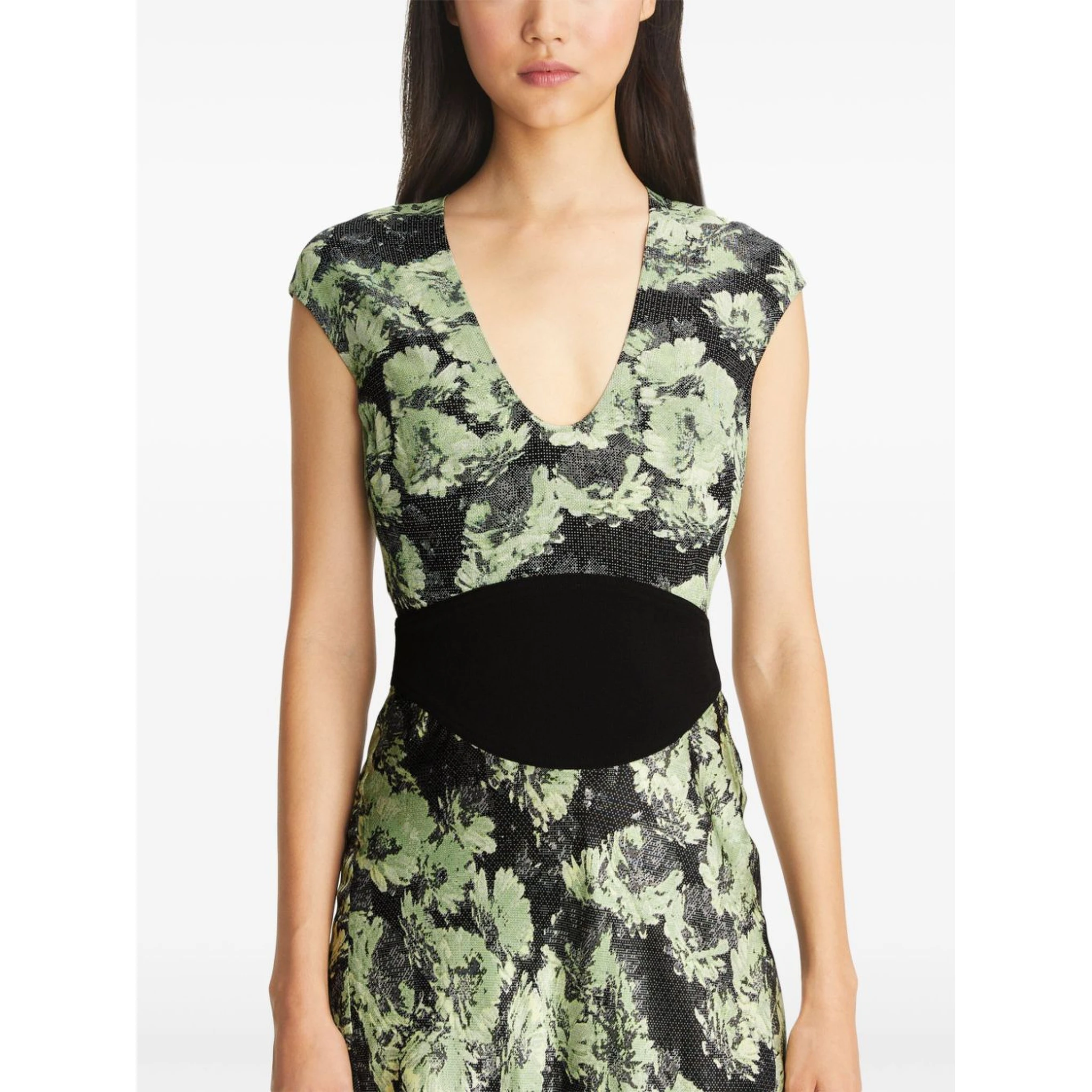 Floral Pattern Midi Dress With Cap Sleeves In Green