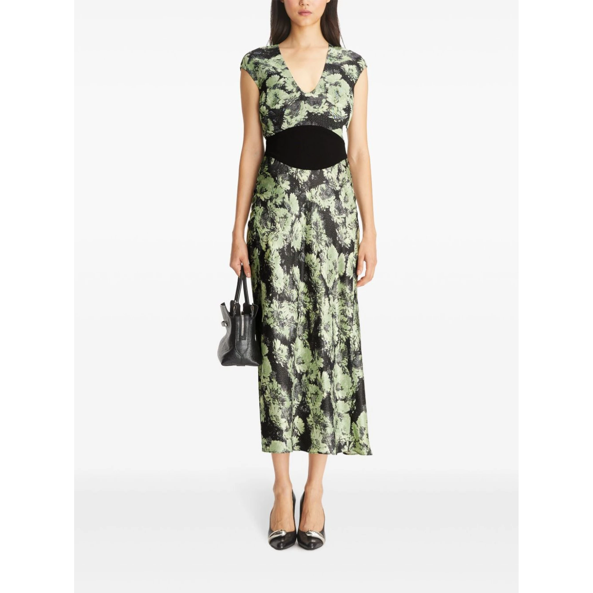 Floral Pattern Midi Dress With Cap Sleeves In Green