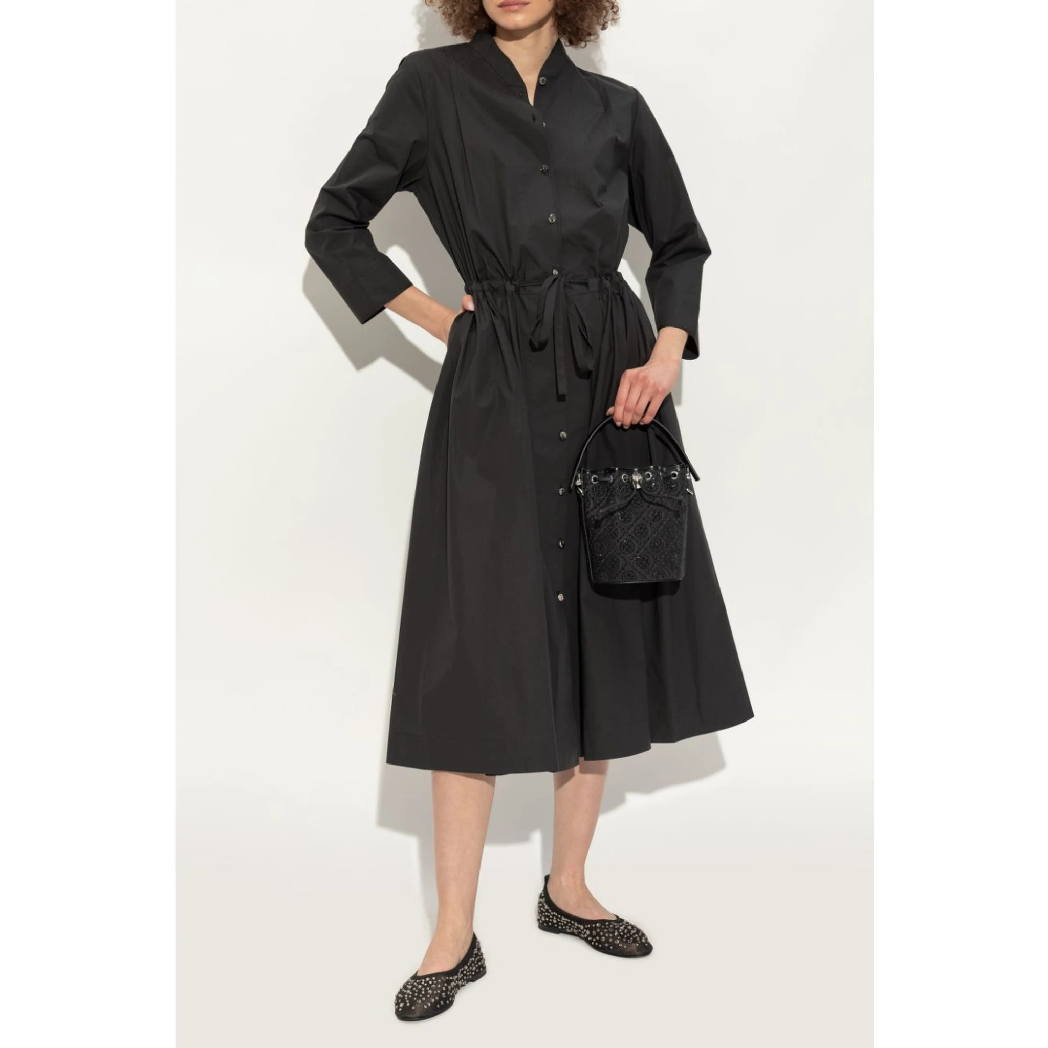 Black Ballet Flats With All-over Crystals Application In Tech Fabric Woman