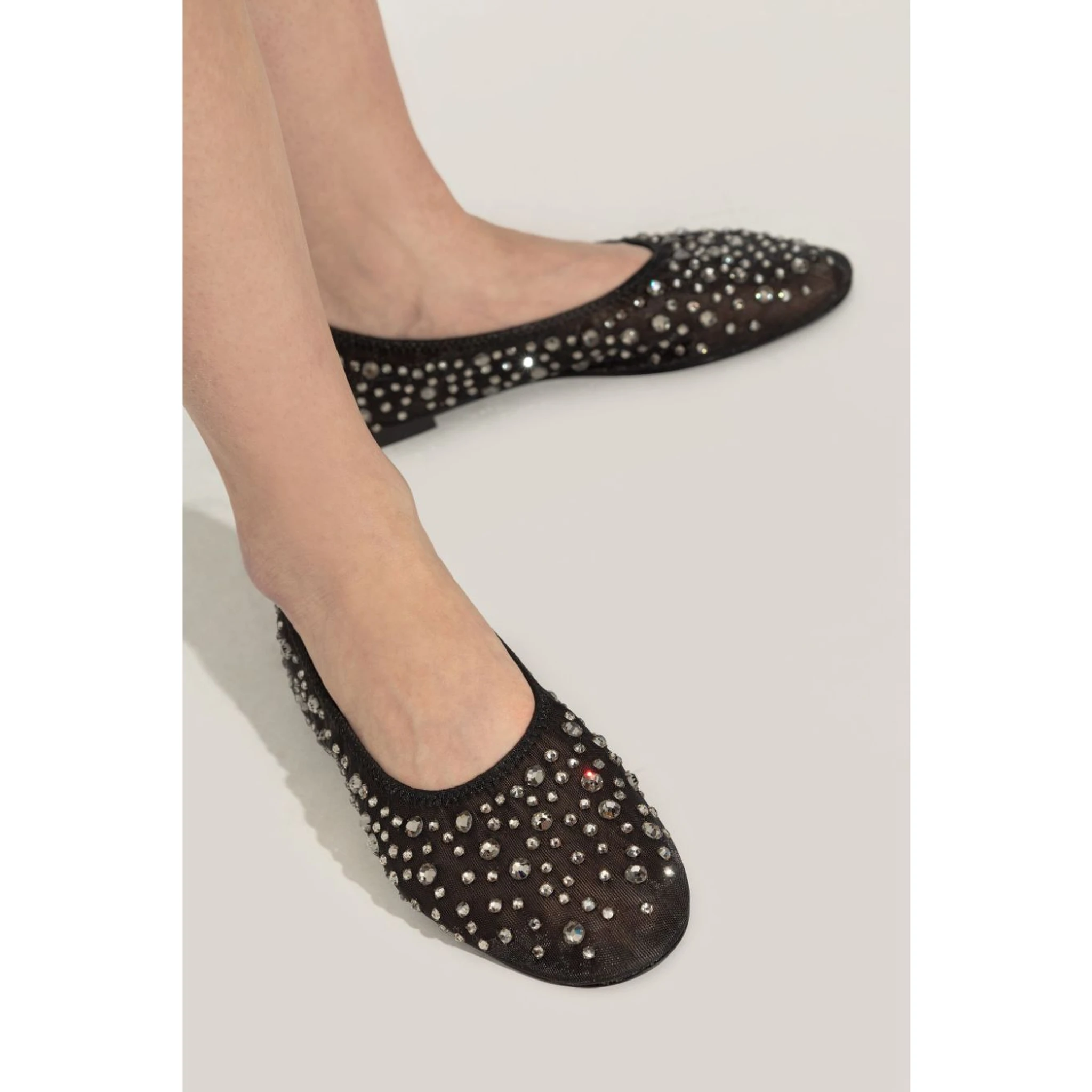 Black Ballet Flats With All-over Crystals Application In Tech Fabric Woman