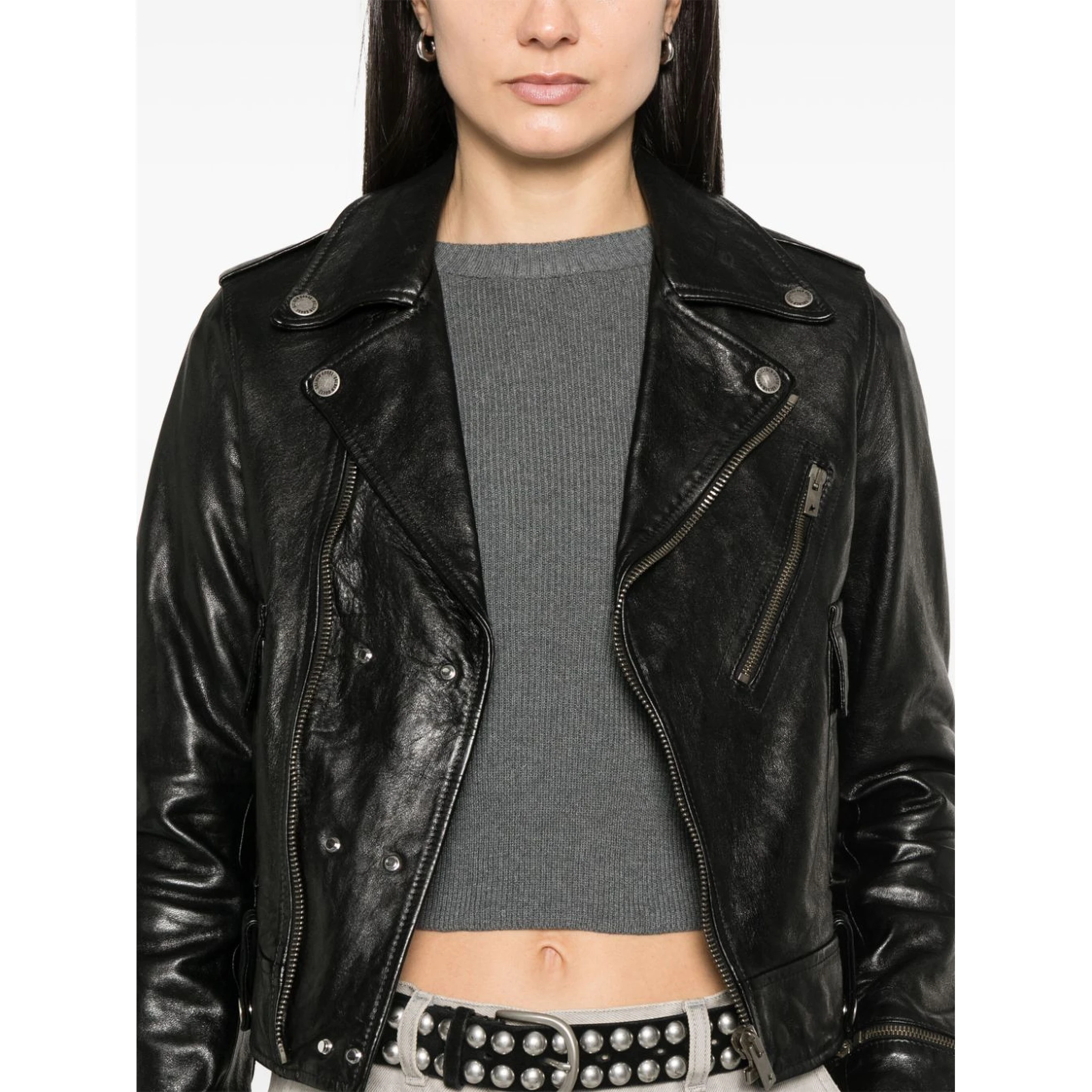 Black Leather Jacket With A Glossy Effect